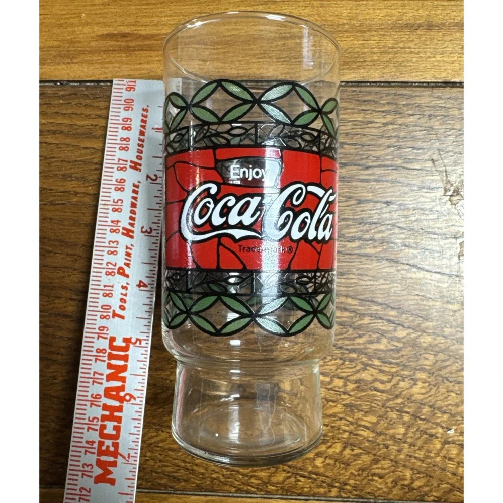 Coca Cola Tiffany Style‎ Stained Glass Green Red Coke Drinking Cup Pedestal VTG